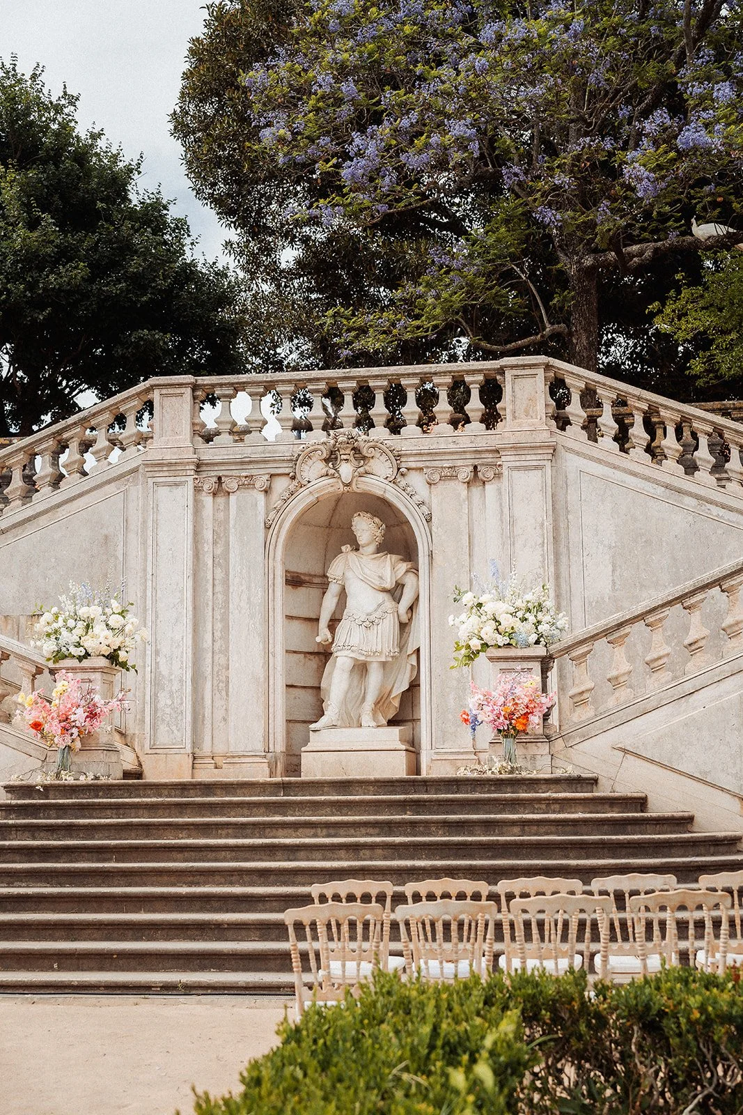 Romantic wedding ceremony setup at Vandeli Gardens. 