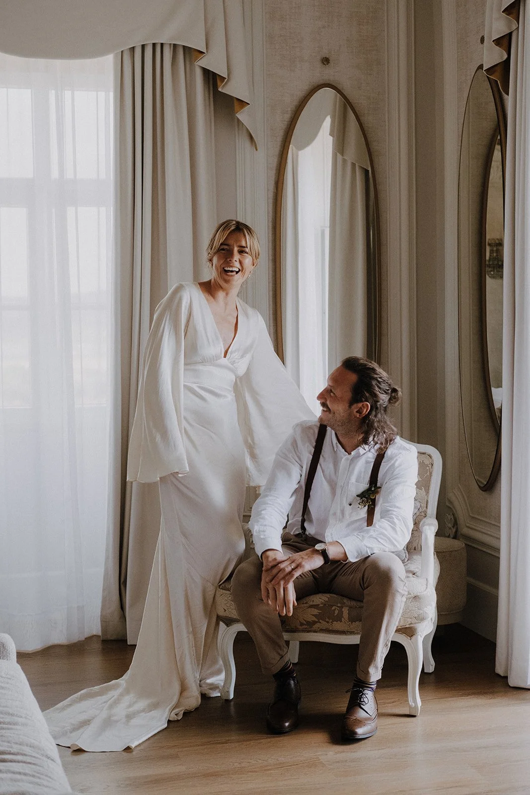 Intimate couple photo after ceremony at historical wedding venue in Portugal