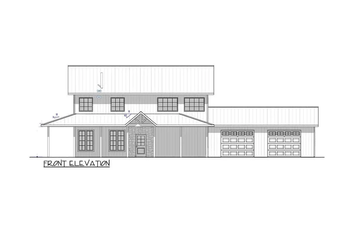 Architectural drawing of a two-story house front elevation with a two-car garage, front porch, and multiple windows.
