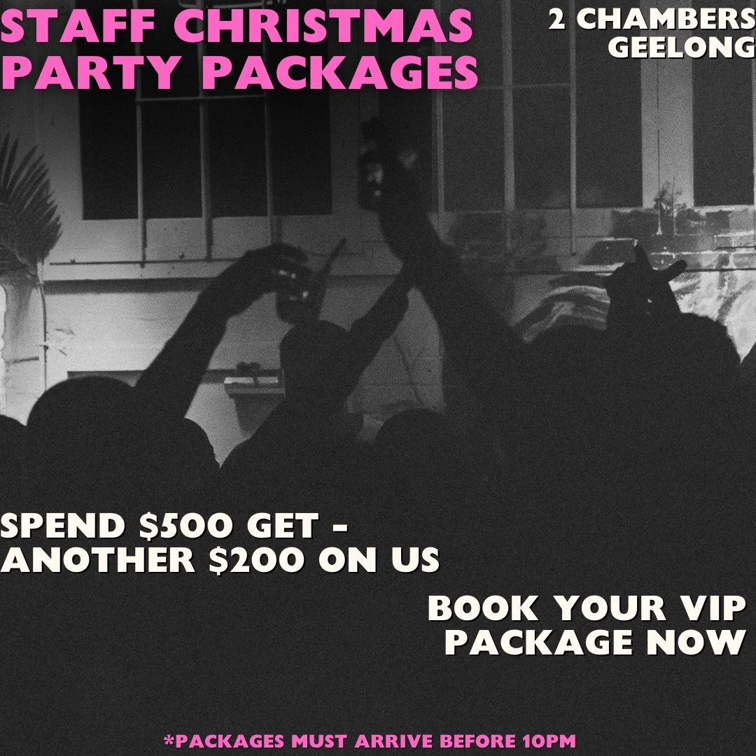 staff party season is here ✨🍸
book your VIP staff night at 2 chambers &mdash; spend $500 on a tab and we&rsquo;ll add $200 on us.
round up the team, we&rsquo;ll handle the rest.

*bookings essential. offer valid for packages starting before 10pm.