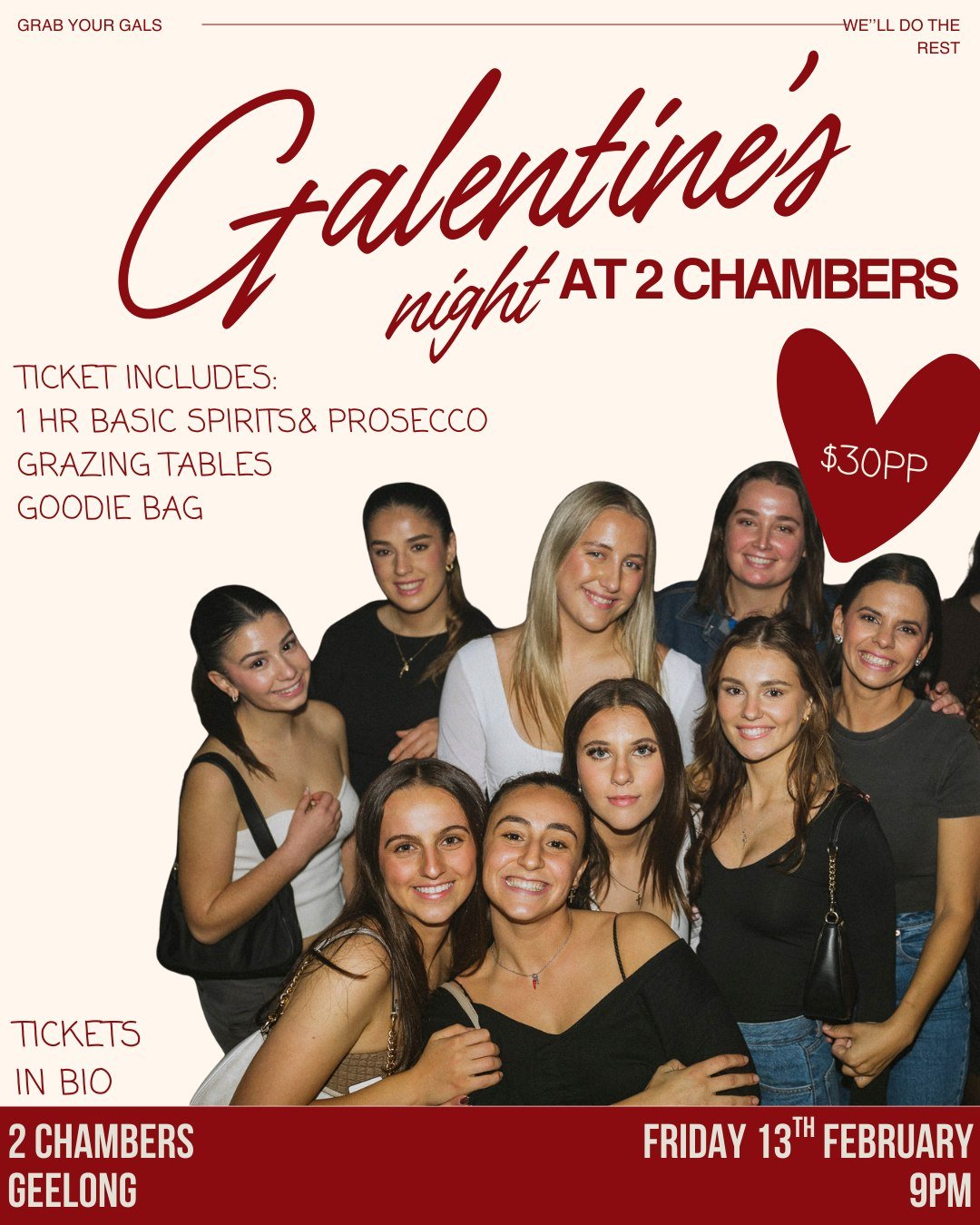 DID SOMEONE SAY GALENTINES? 💖✨
FRIDAY 13th  FEBRUARY
Grab the gals for a night of rnb, drinks + soul sista vibes.
For just $30 per person, you'll be treated to:
&bull; 1 hour of house spirits &amp;  bottomless prosecco
&bull; Grazing platters
&bull;