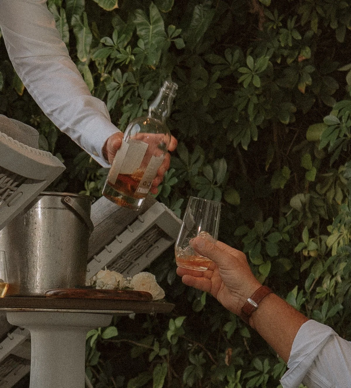 Person pouring whiskey into a glass held by another person outdoors at night, with greenery in the background. yarra valley and Melbourne wedding photographer