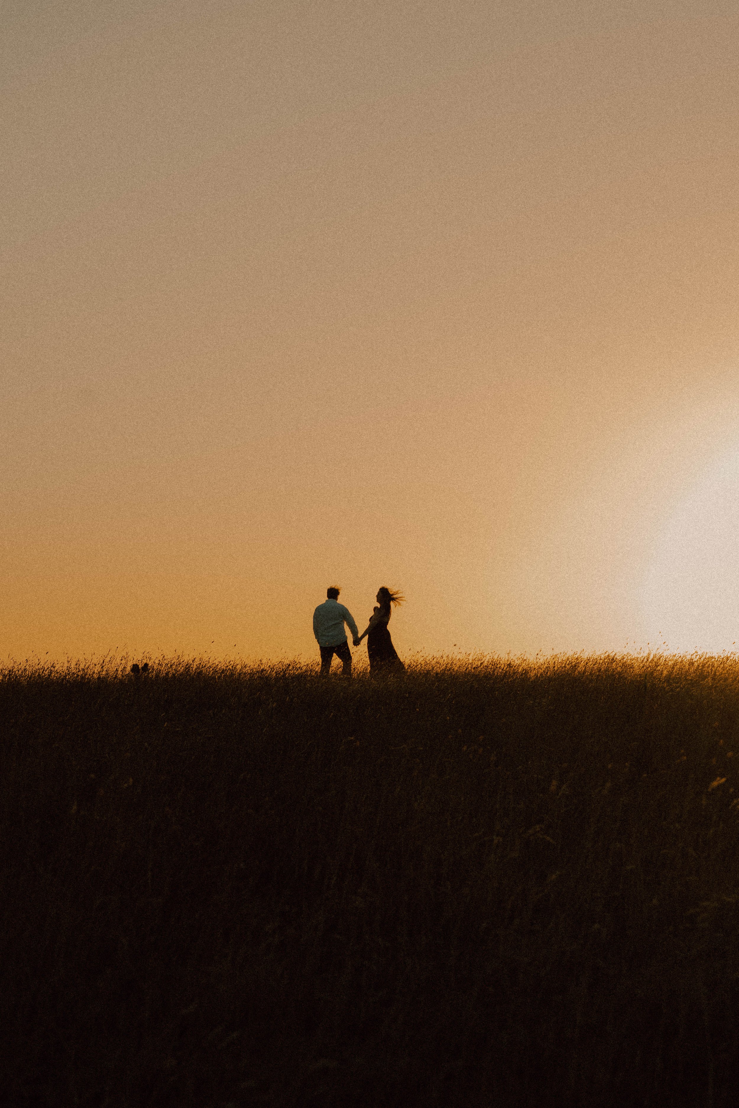 A couple holding hands and walking together on a grassy hill at sunset.