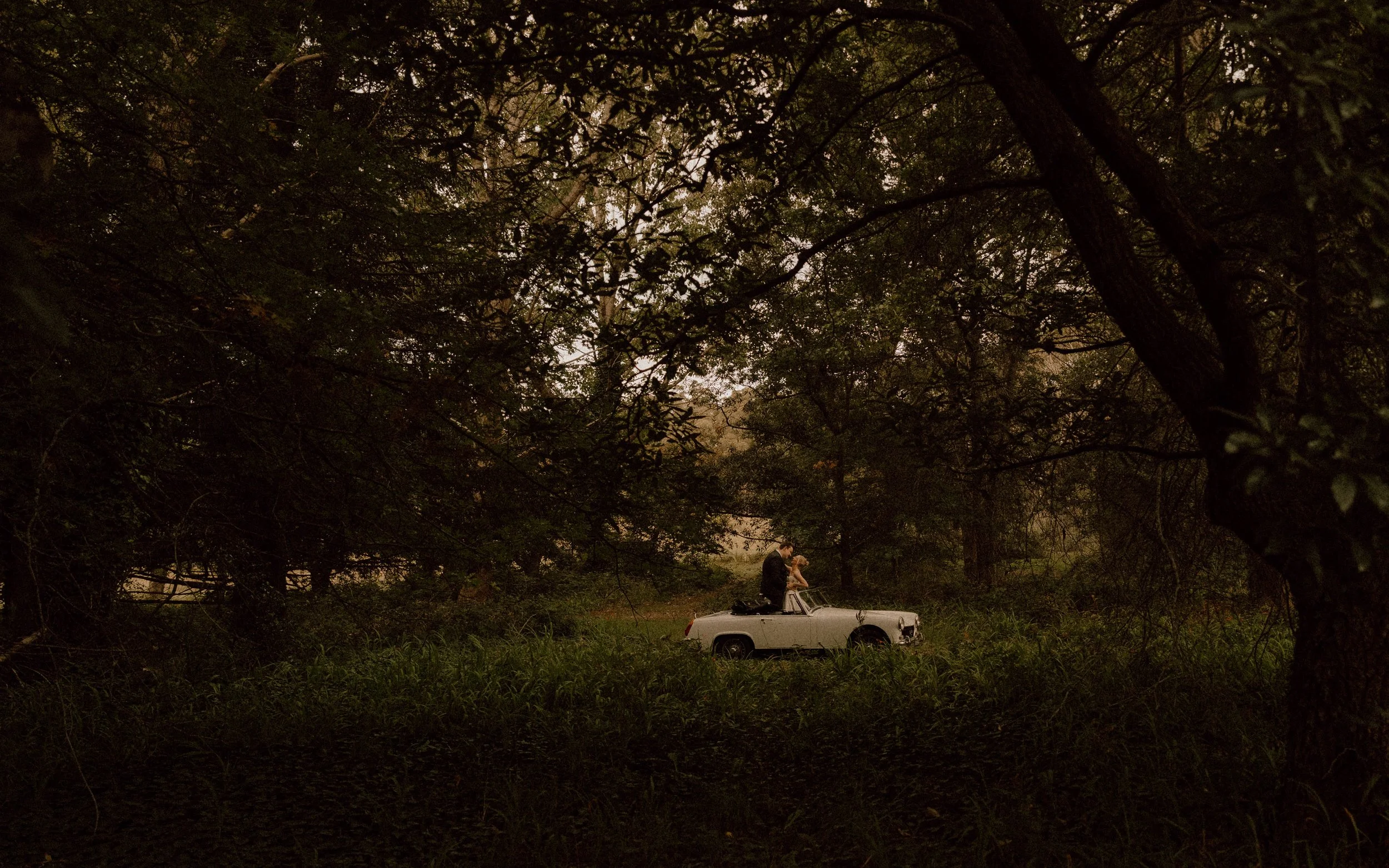 A small vintage convertible car with two people on top, a man and a woman, are standing on the car in a dense forest with tall trees and foliage, during daylight.