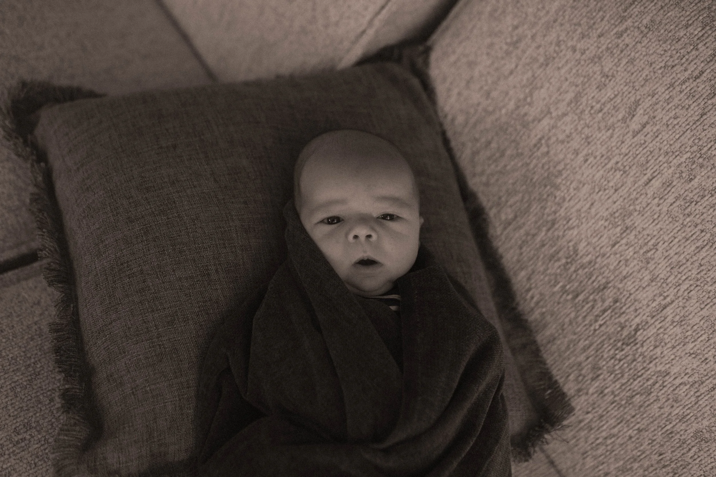 A baby lying on a brown cushioned couch, looking up at the camera with a surprised expression.= taken during his newborn session in the whittlesea studio