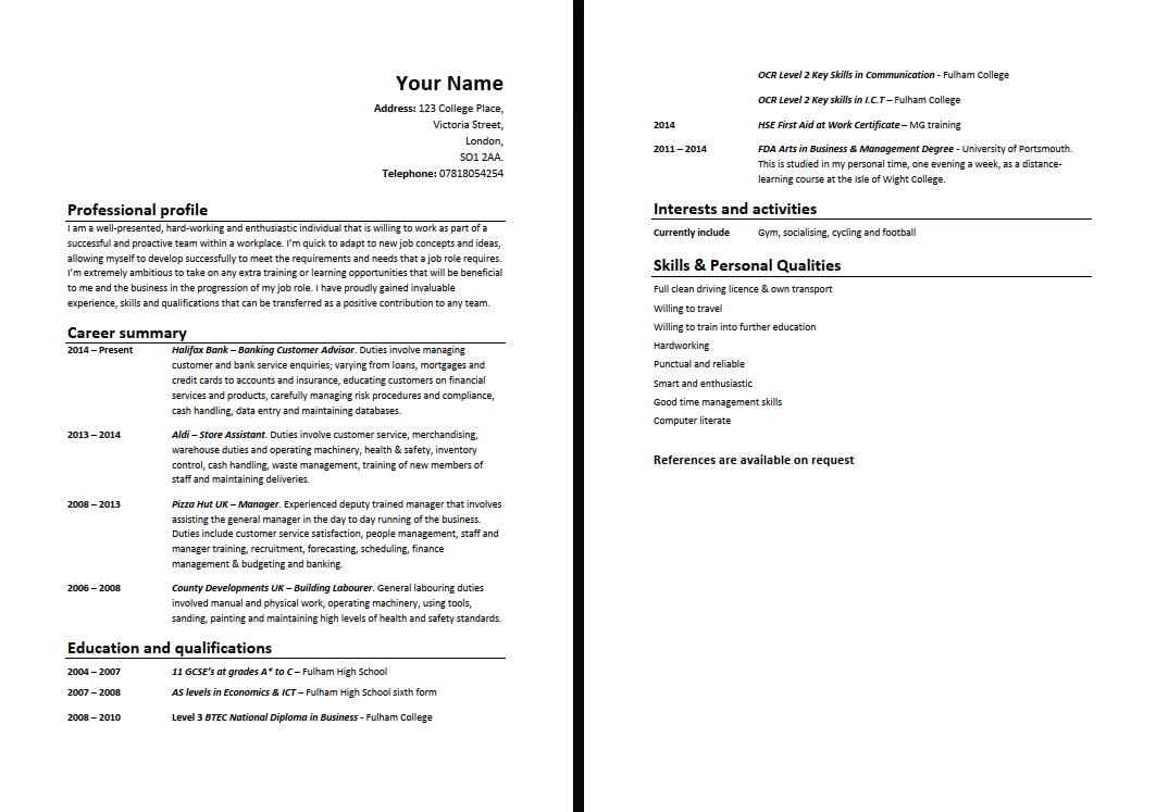 A two-page resume with personal details, professional profile, career history, education, skills, interests, and references.