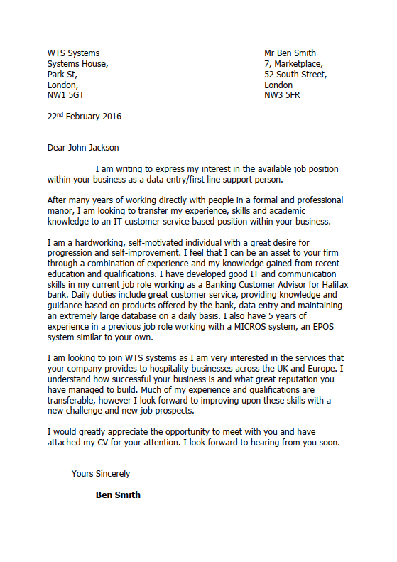 A cover letter addressed to John Jackson from Ben Smith, expressing interest in an IT position at WTS Systems, detailing experience and motivation for transfer, and requesting a meeting.