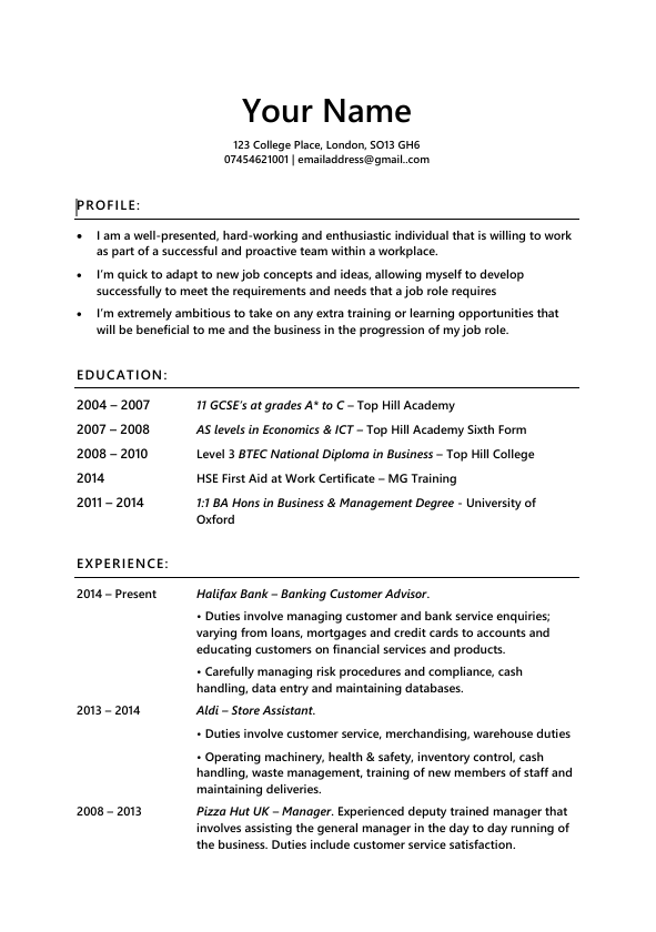 A professional resume on white background featuring sections for contact information, a profile summary, education, and work experience.