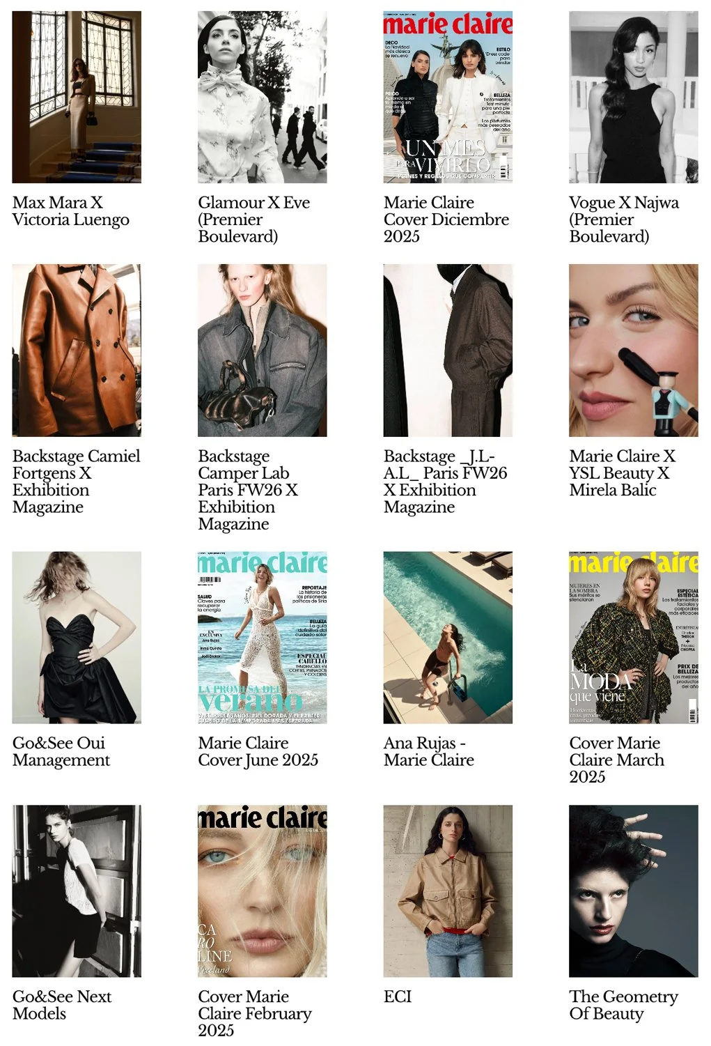 Collage of magazine covers and fashion model photos, including Marie Claire and Vogue magazines, featuring models in various outfits and settings.