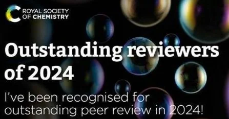 Royal Society of Chemistry recognition for outstanding peer reviewers of 2024, featuring a dark background with colorful bubbles.