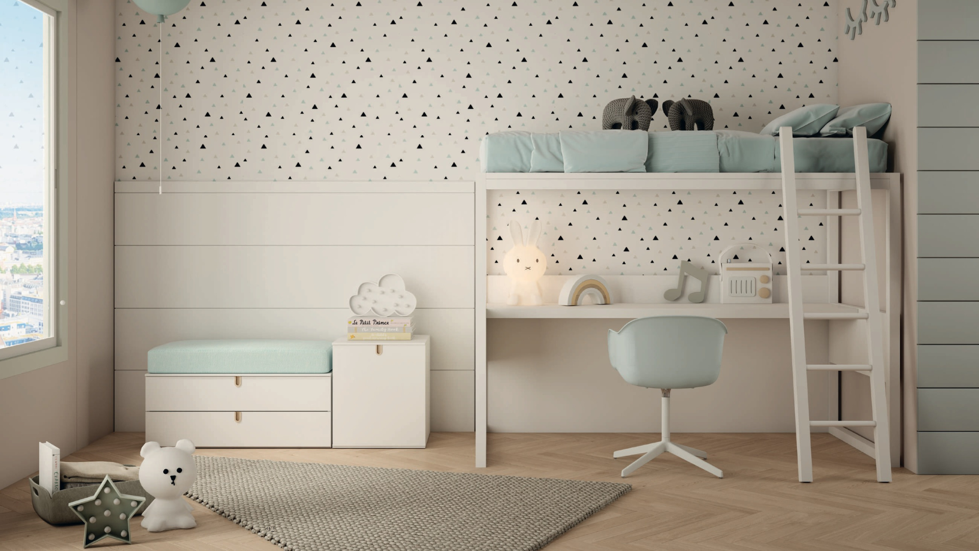 Children's bedroom with a loft bed, desk, and cozy décor, featuring a white and pastel color scheme, toys, and wall-patterned wallpaper.