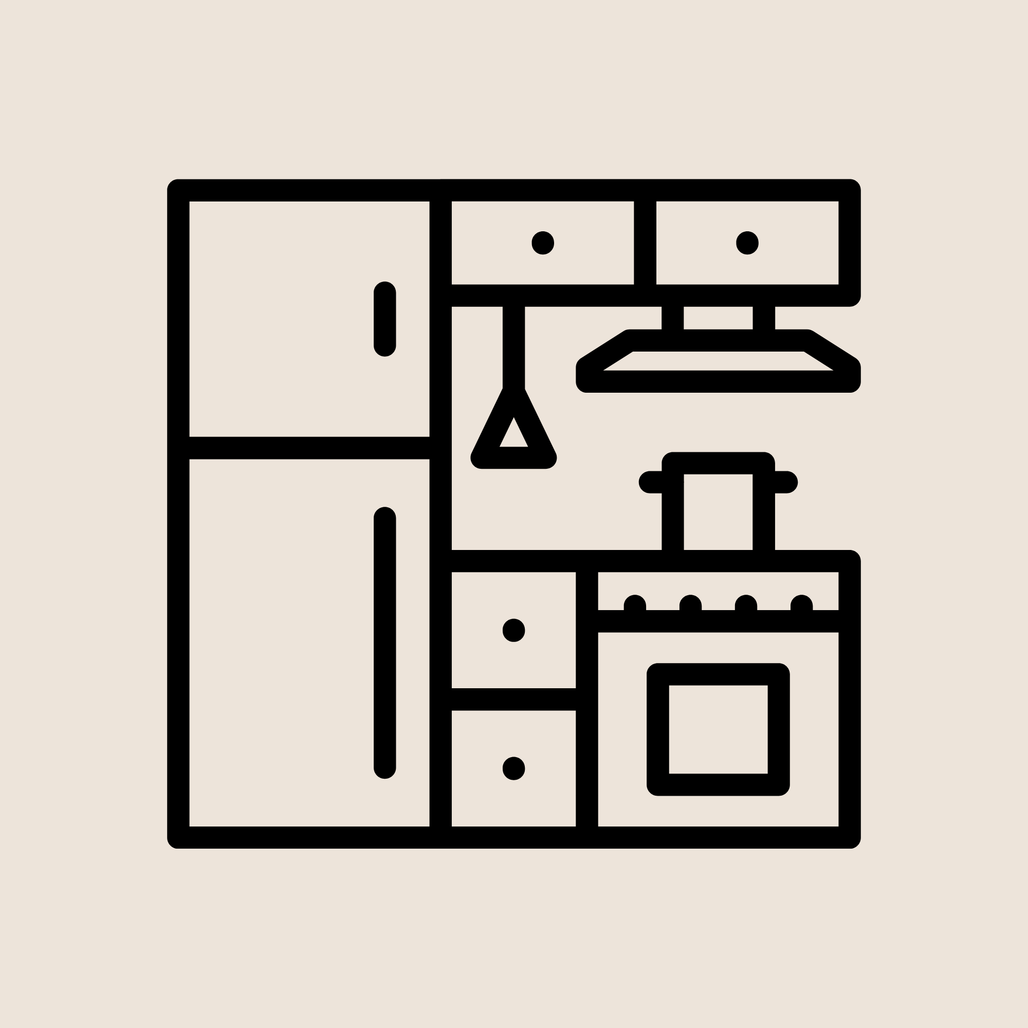 Simple line drawing of a kitchen with cabinets, stove, and refrigerator