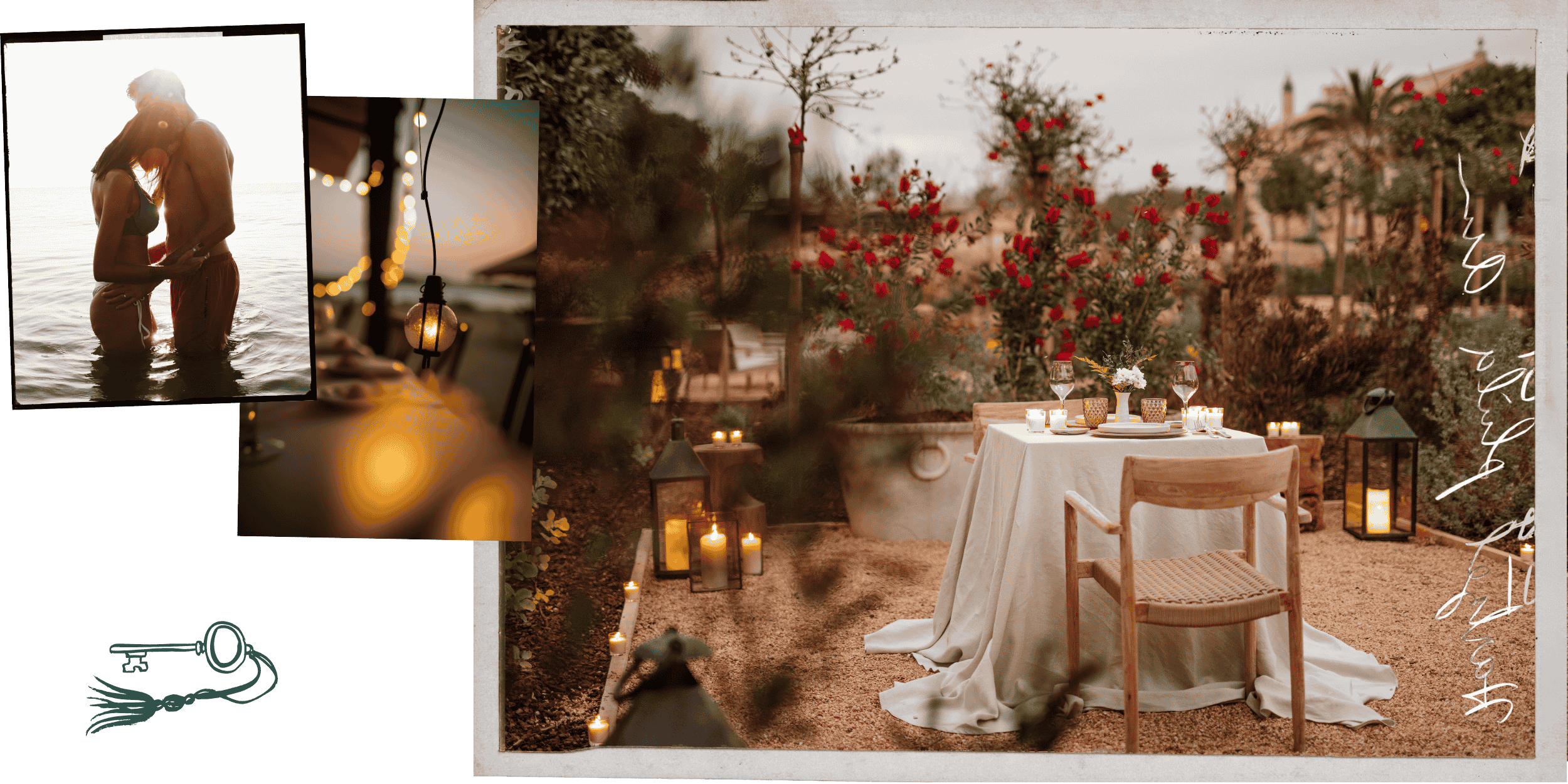 A romantic outdoor dining setup with a round table covered with a white tablecloth, surrounded by a wooden chair, decorated with candles, flowers, and glassware. The scene is lit by lanterns and candles at sunset, with trees and roses in the background. Inset photo shows a couple in swimsuits holding hands in the water at the beach, with sunlight backlighting them.