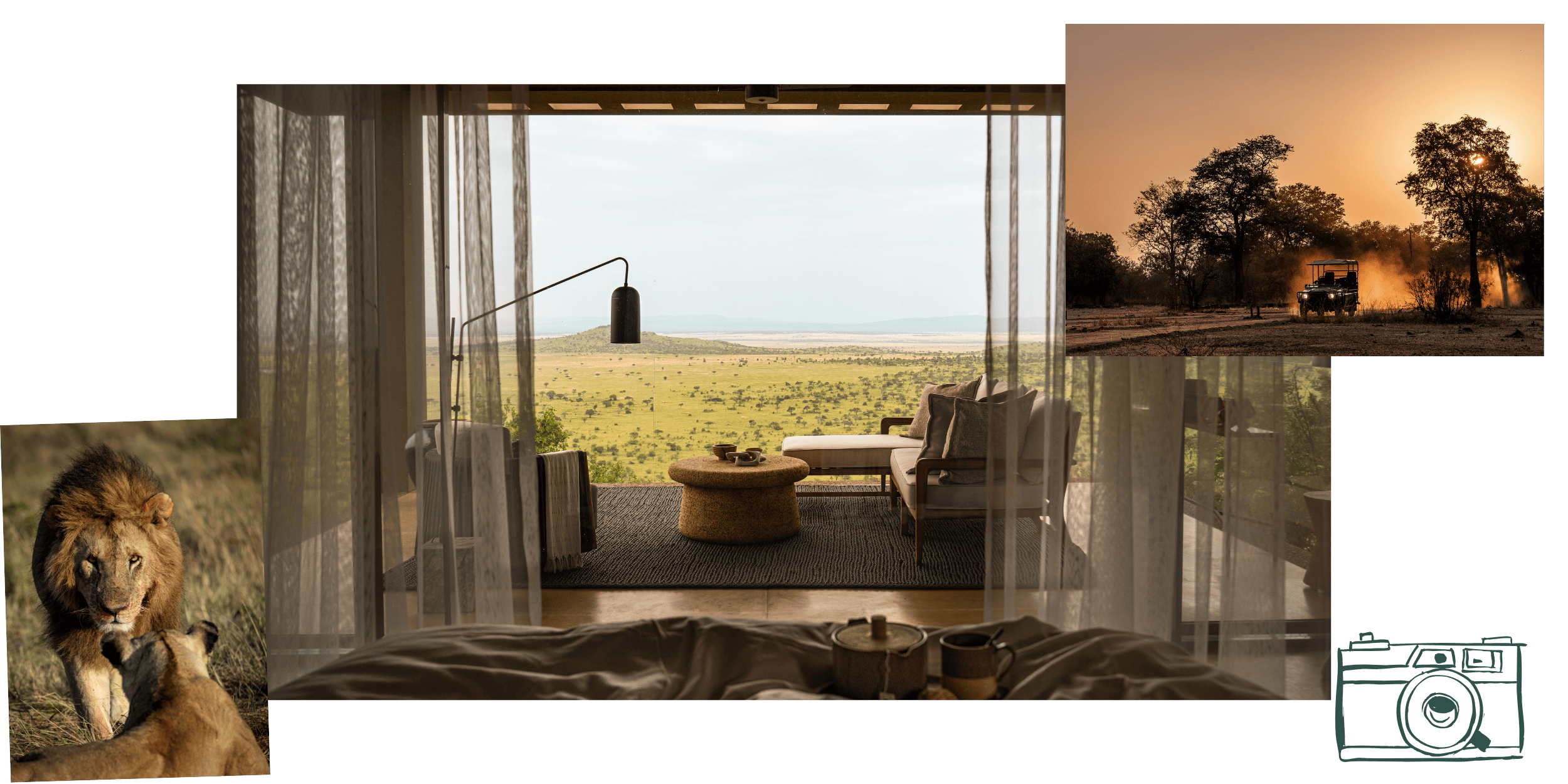 Interior of a modern safari lodge with a spacious living area, large glass doors, and a view of the savannah, with a lion and lioness resting outside, and a safari vehicle in the distance at sunset.