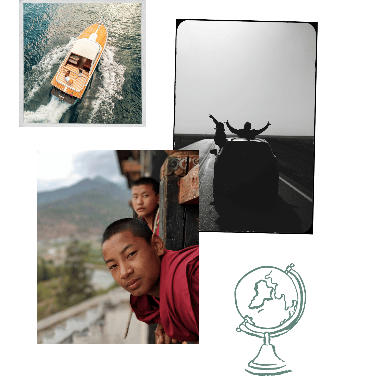 A collage of travel-related photos: a boat on the water, a person and a child on an open road with their arms raised, two children peeking out of a train window with mountains in the background, and an illustration of a globe.
