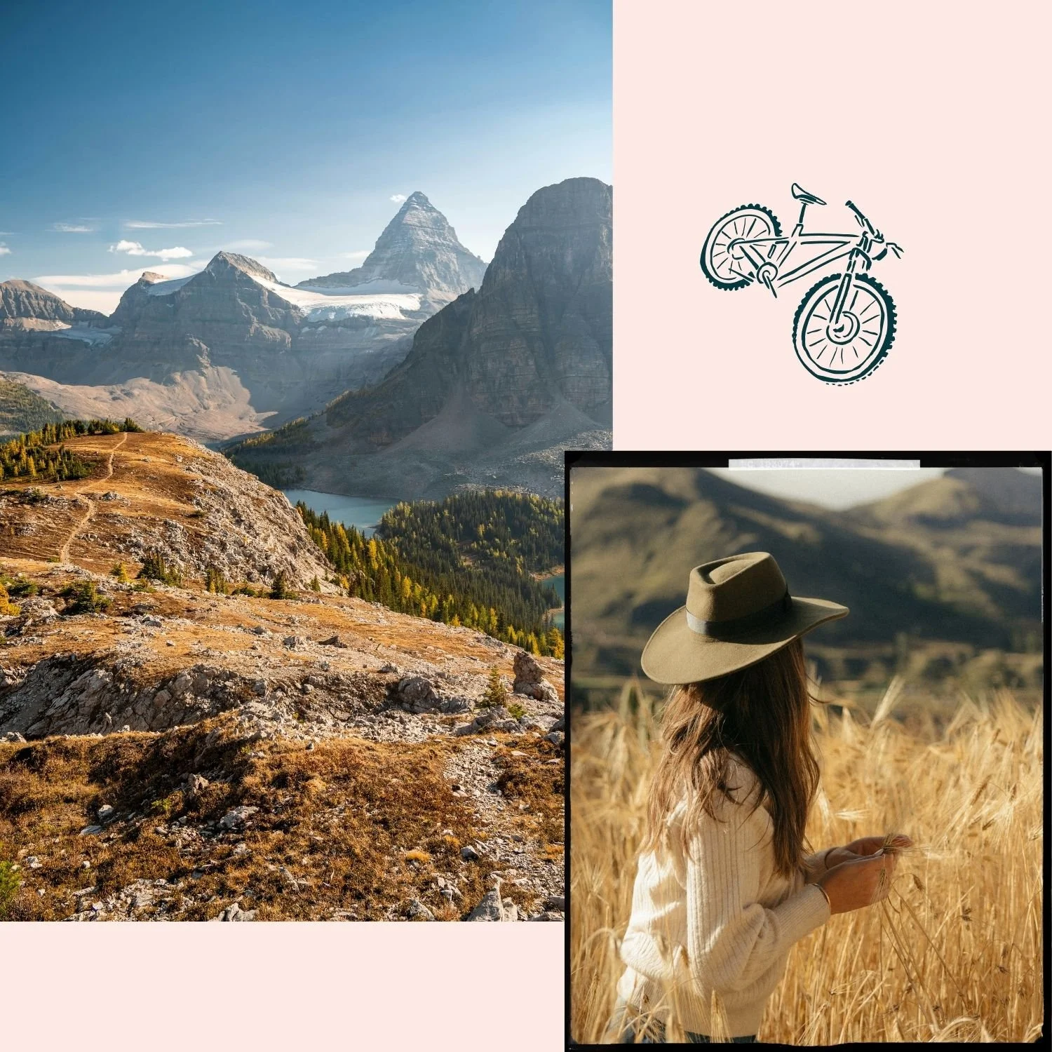 Collage of outdoor scenes including a mountain landscape, a graphic of a bicycle, and a woman in a hat in a field of wheat.