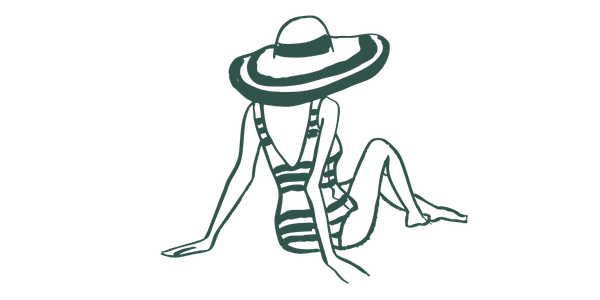 Line drawing of a woman in a swimsuit with a wide-brim hat, sitting on the ground.