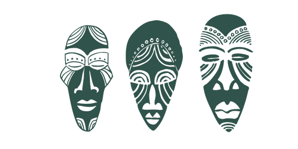 Three tribal masks with detailed designs and expressive features