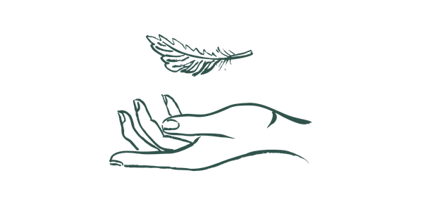 Outline drawing of hands holding a feather.