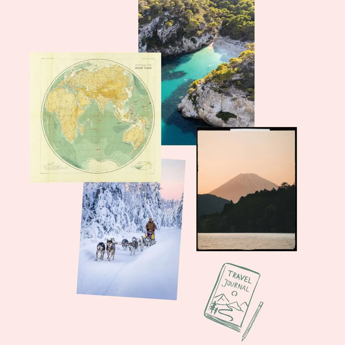 Collage of travel-themed images including a world map, a tropical beach with cliffs, a snow-covered landscape with sled dogs and a person, a mountain with a sunset, and a sketch of a travel journal with a pen.
