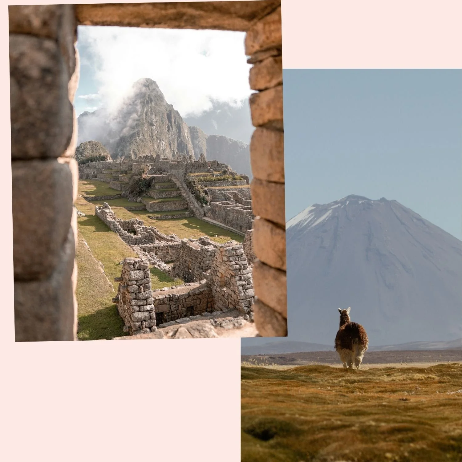 A collage featuring Machu Picchu view through a stone window on the left, and a llama walking in front of Mount Fuji on the right.