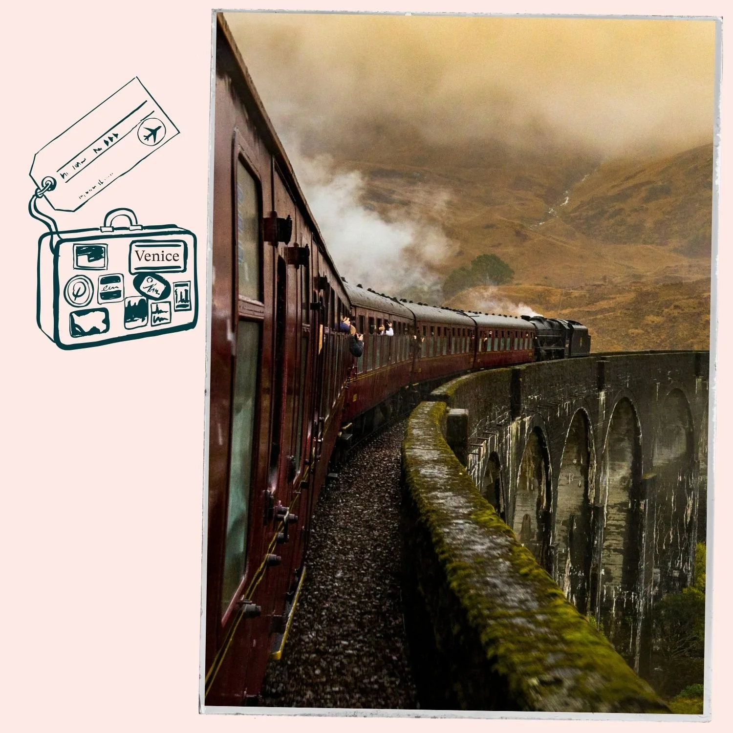 A vintage train traveling along a curved viaduct in a mountainous landscape under a cloudy sky, with passengers looking out the windows.