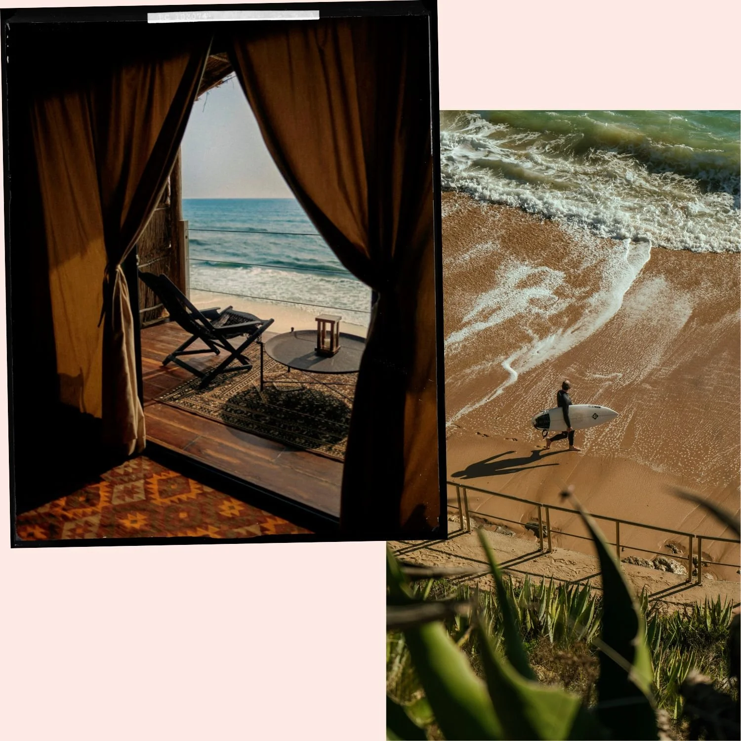 A split image showing a beach scene with a person holding a surfboard walking on the sand, and an indoor view of a balcony with a chair, table, and ocean view through open curtains.