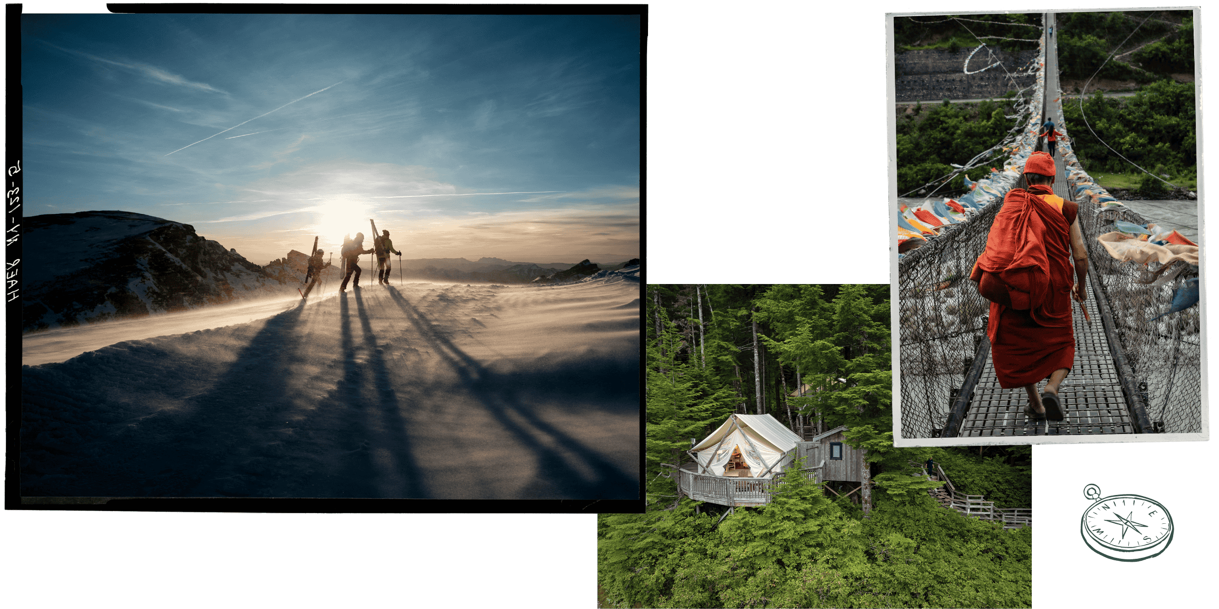Two hikers walking in snow-covered mountains during sunset, one carrying a walking stick, the other with a backpack; a person in a red hoodie and orange hat crossing a suspension bridge over a river; a treehouse surrounded by green trees in a forest; a compass icon indicating navigation.