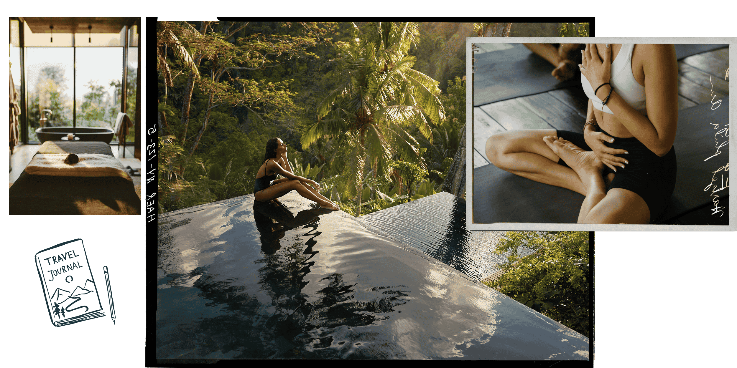 A woman in a black swimsuit sitting on the edge of an infinity pool surrounded by lush tropical trees, with sunlight filtering through the leaves. Smaller inset images include a cozy spa room with a massage table and a bathtub, and a woman practicing yoga or meditation on a mat.