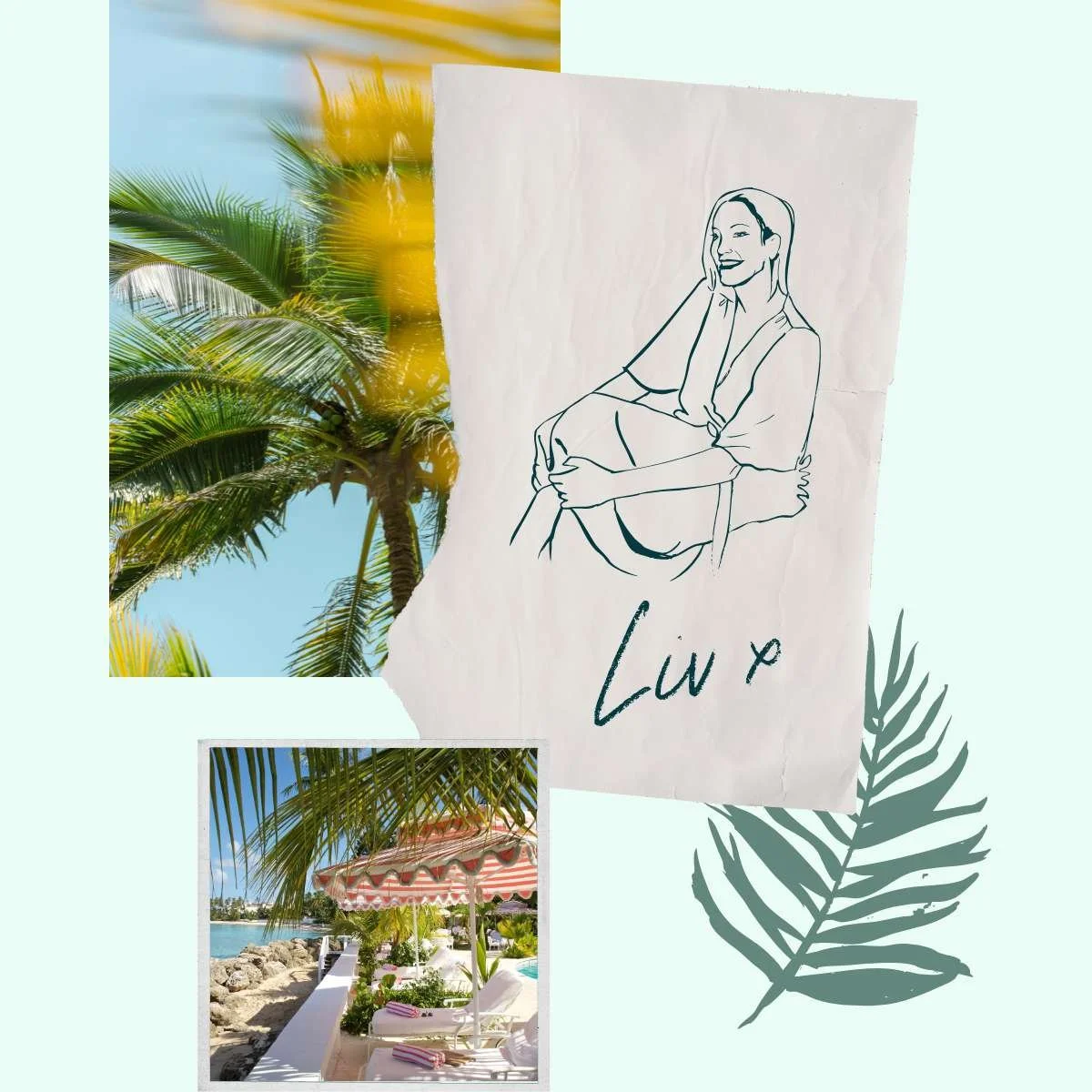 A collage of three images with tropical and beach themes, featuring palm trees, a woman illustrated on a piece of paper with the signature 'Lu', and a beach scene with lounge chairs and an umbrella.