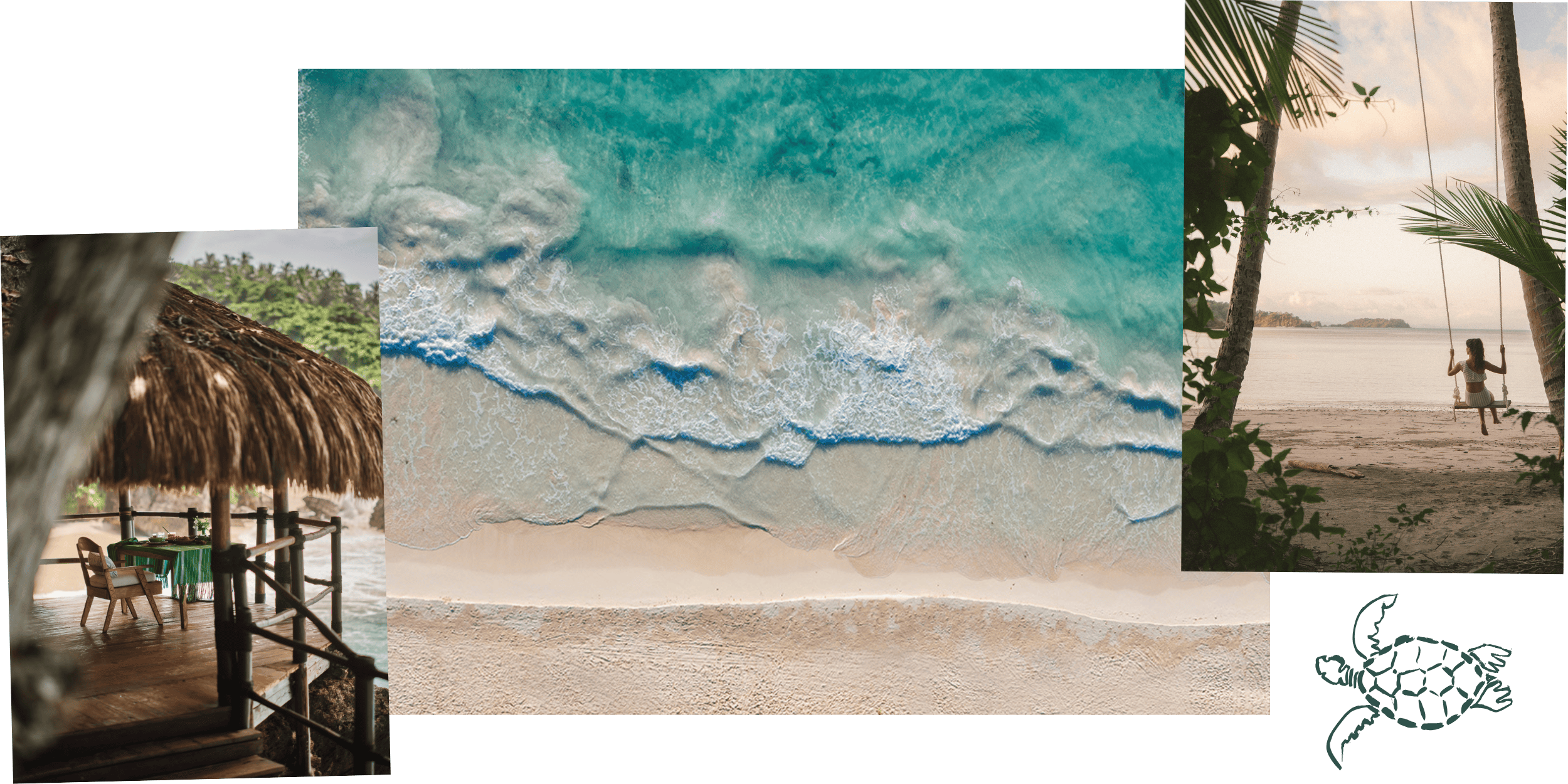 Aerial view of turquoise ocean waves washing onto a sandy beach, with a smaller inset image of a thatched-roof hut by the beach, and another inset showing a girl on a swing hanging from palm trees by the sea at sunset, along with a simple line drawing of a turtle.