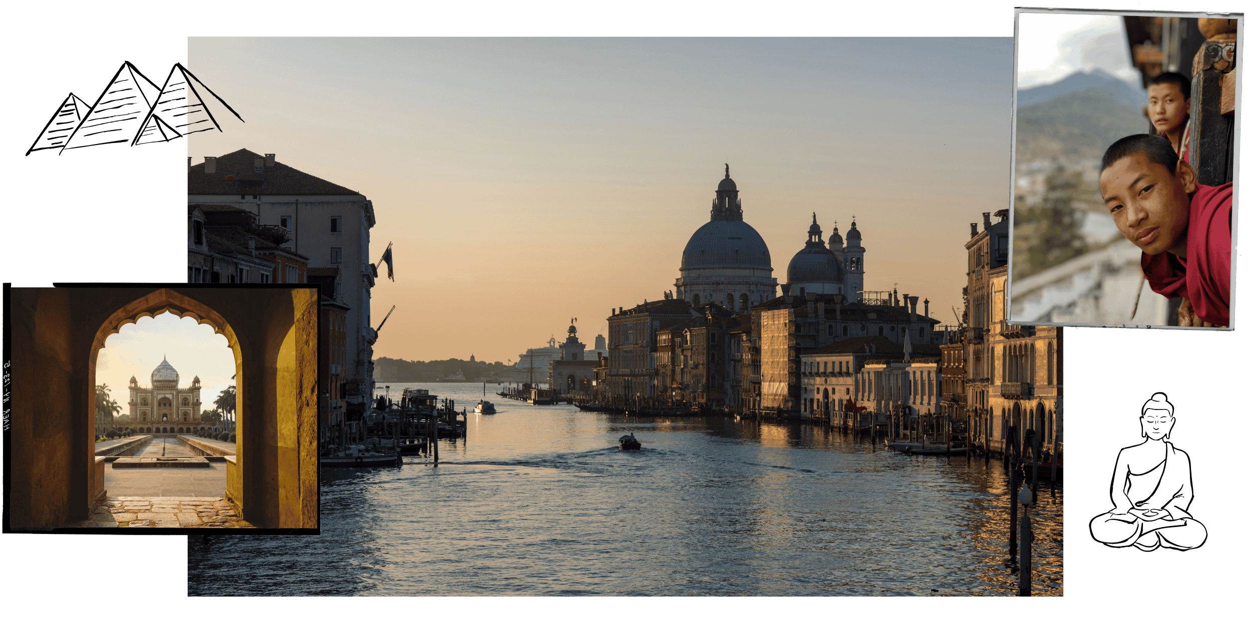 A collage of scenes from Venice, Italy, including the Grand Canal with historic buildings and boats, a view through an archway of the Basilica di Santa Maria della Salute at sunset, and close-up of two children with Asian features in traditional attire, one leaning on a structure and the other standing nearby.