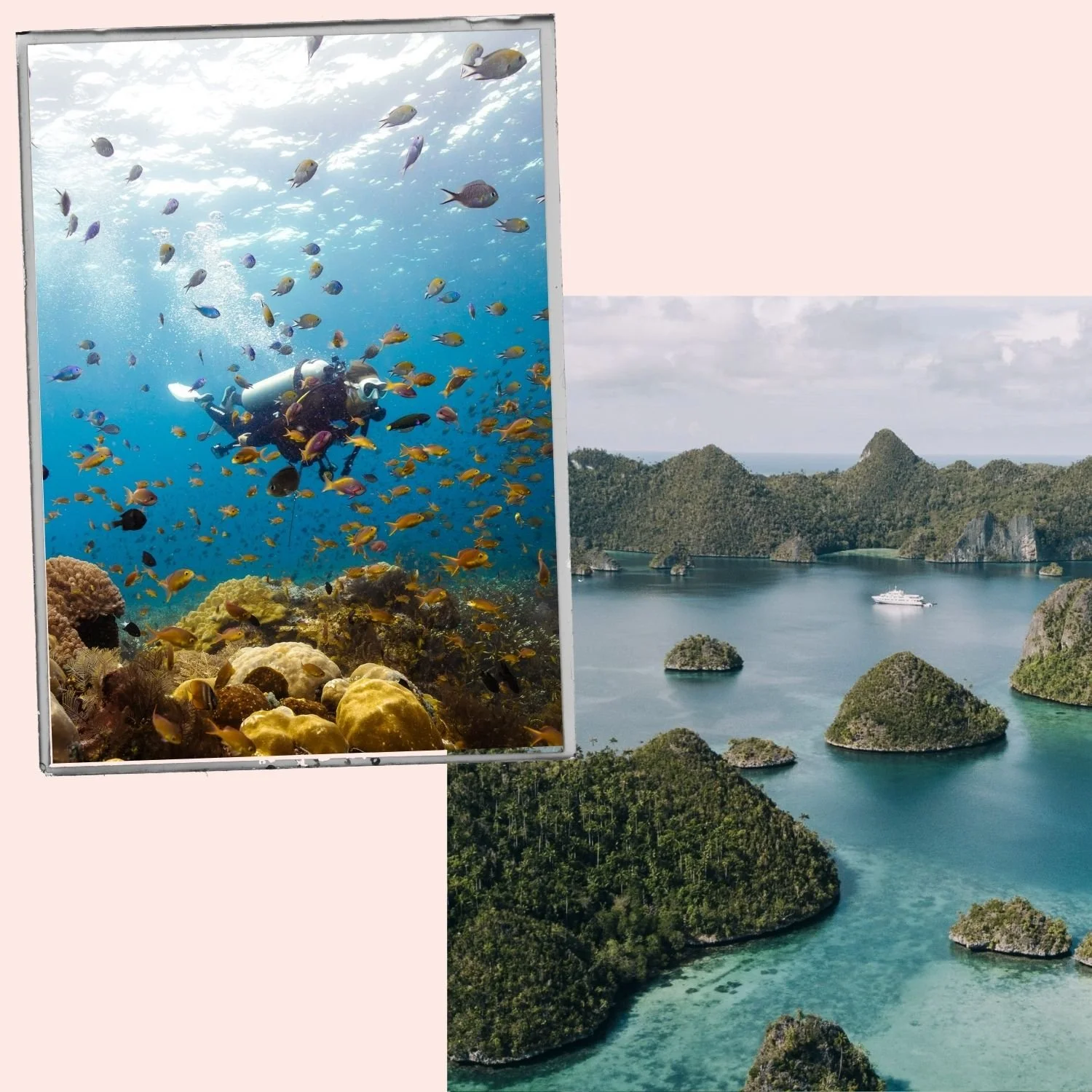 An aerial view of a coastal landscape with lush green islands in the ocean, and a yacht sailing near the islands.