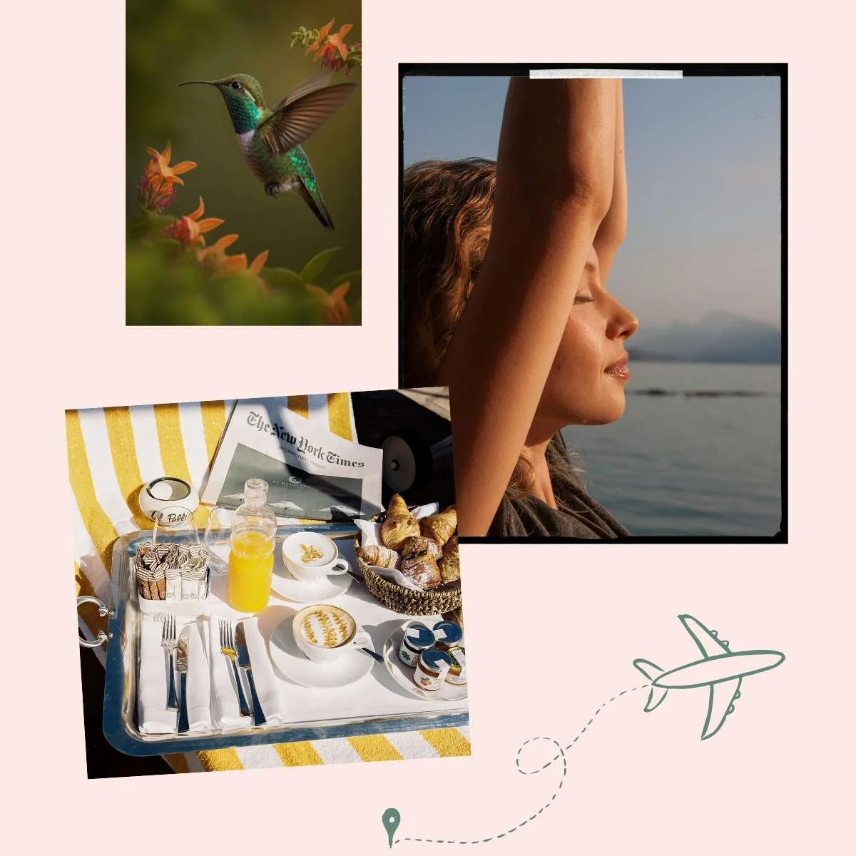 A collage of travel-themed images including a woman with closed eyes enjoying the sunset by the water, a hummingbird flying near orange flowers, and a breakfast setup with pastries, juice, and utensils on a tray with a New York Times newspaper.