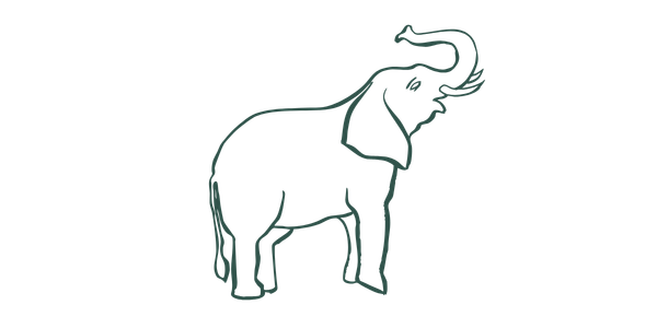 Line drawing of an elephant with a small snake on its back, facing to the right.