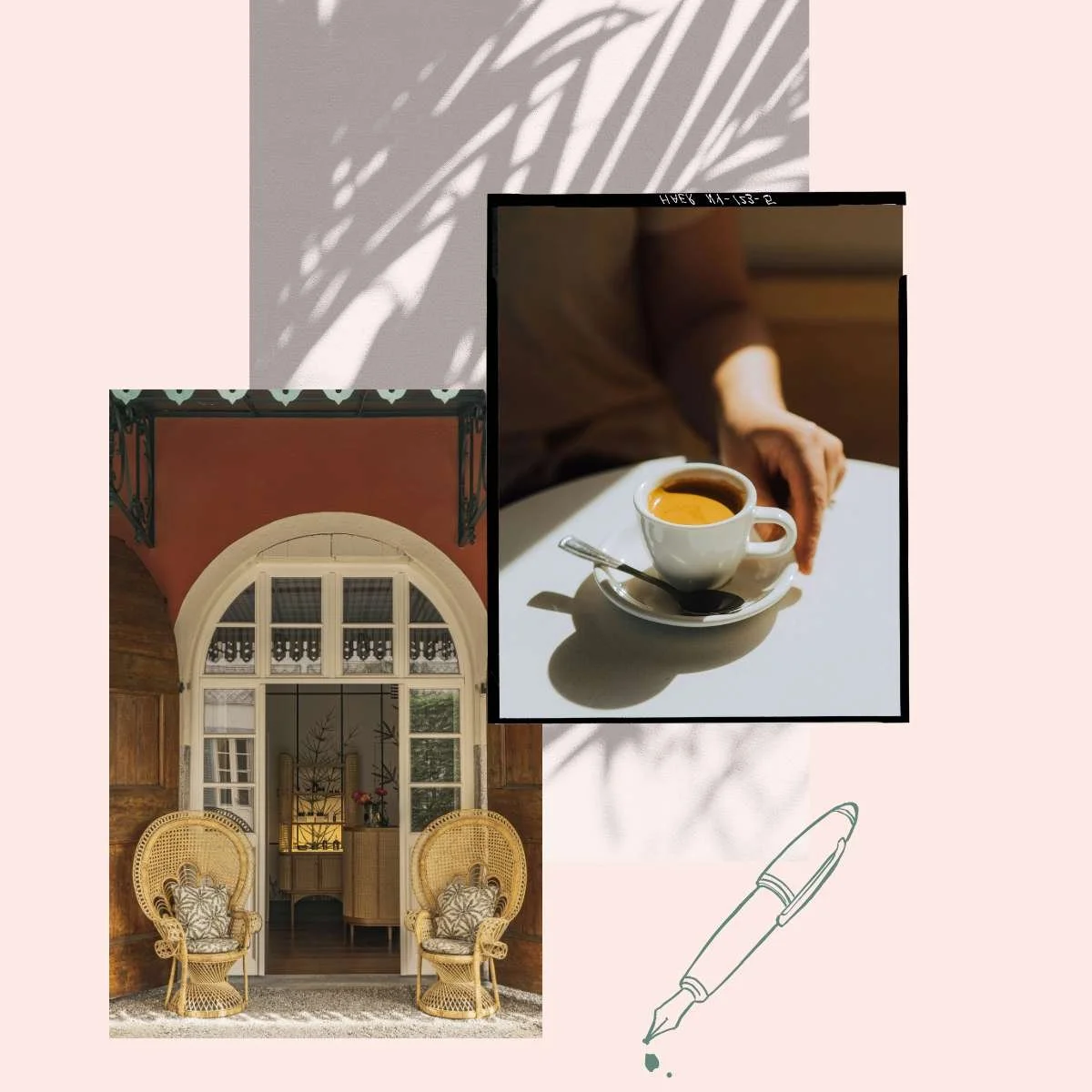 A collage of images featuring a cup of coffee, an outdoor seating area with wicker chairs, and a decorative pen with ink drops on a pink background with shadow patterns.