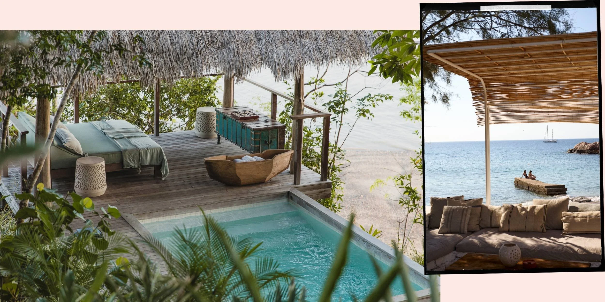 A luxurious outdoor beachside cabana with a wooden deck, pool, and thatched roof, overlooking the ocean. Inside, a covered seating area with cushions and a view of the water, populated with two people on a small dock and a sailing boat in the distance.