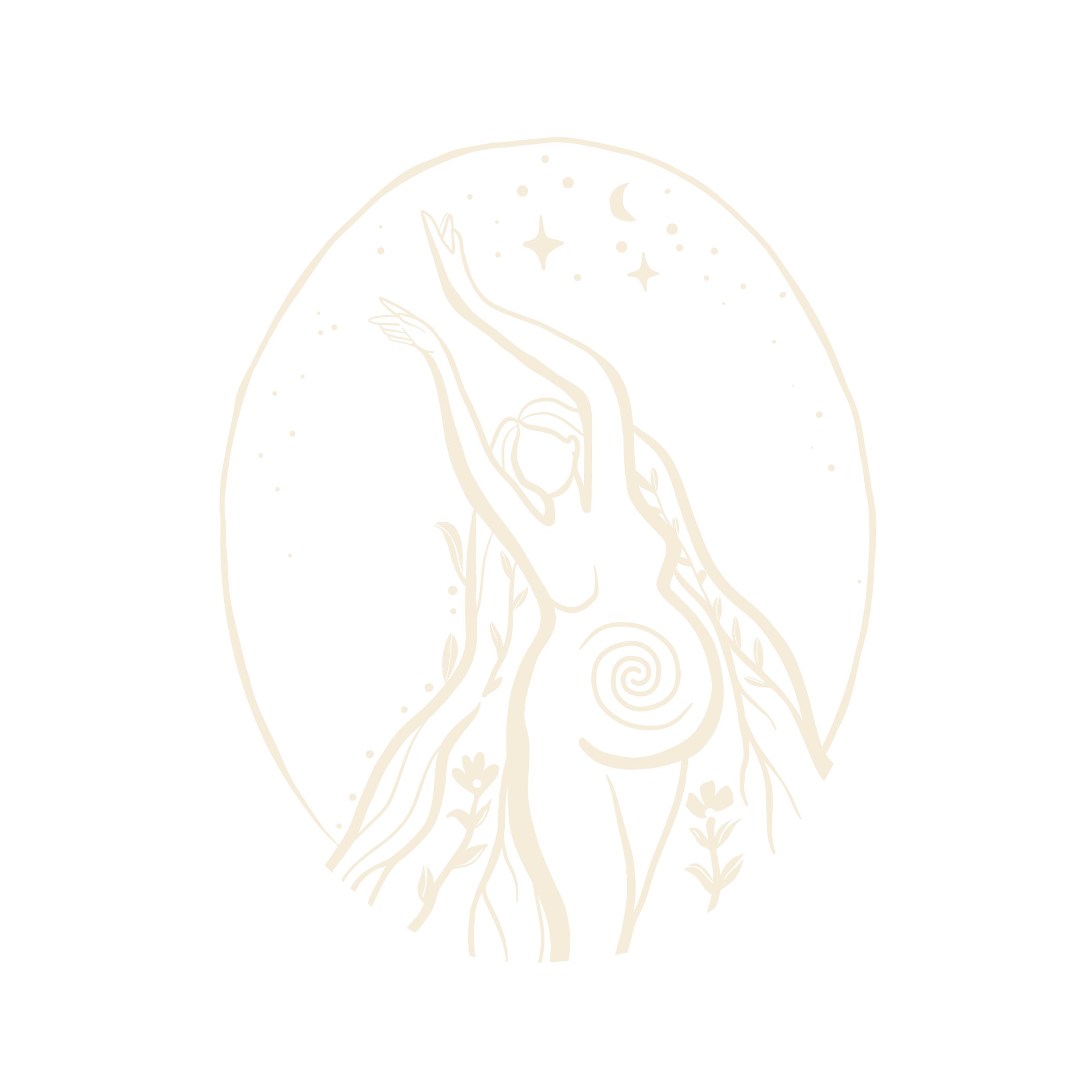 Line art illustration of a pregnant woman with a spiral pattern on her abdomen, plants growing around her, and stars, moon, and night sky in the background.