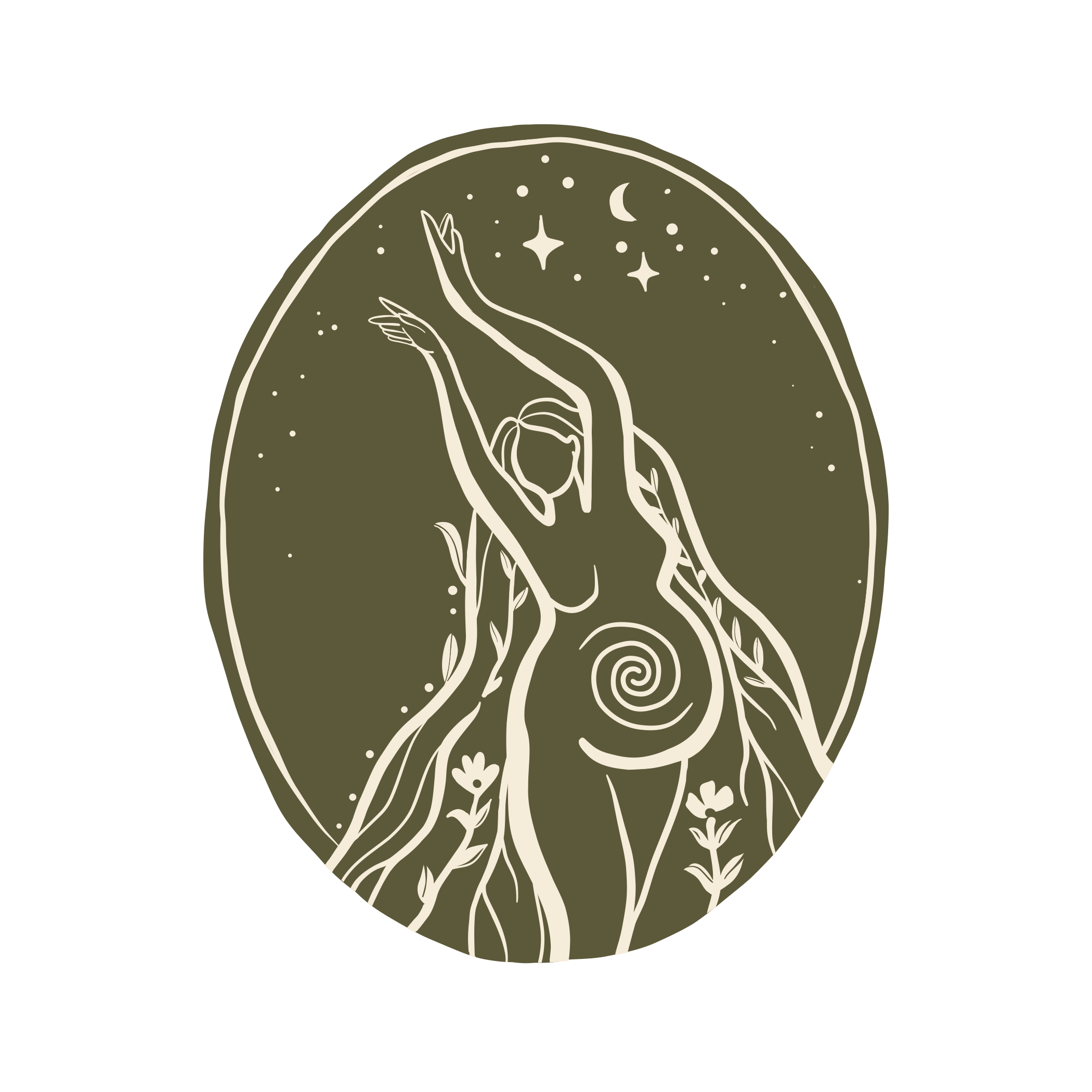 Line art depiction of a woman standing among plants under a night sky with stars and a crescent moon, enclosed in an oval shape.