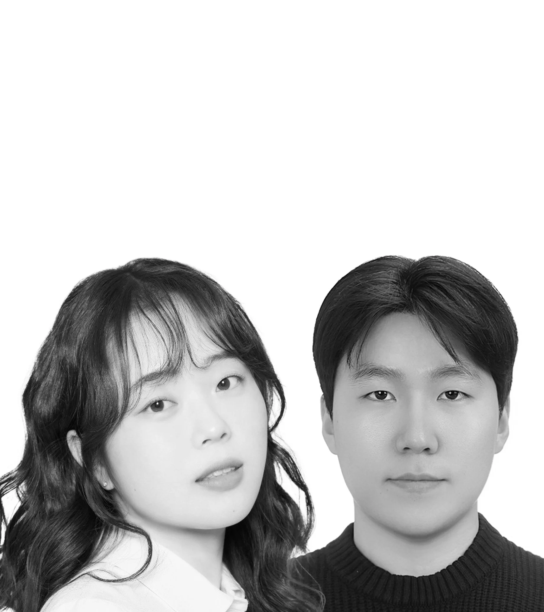 Black and white portrait of a young woman and a young man, both with dark hair, looking directly at the camera with neutral expressions.
