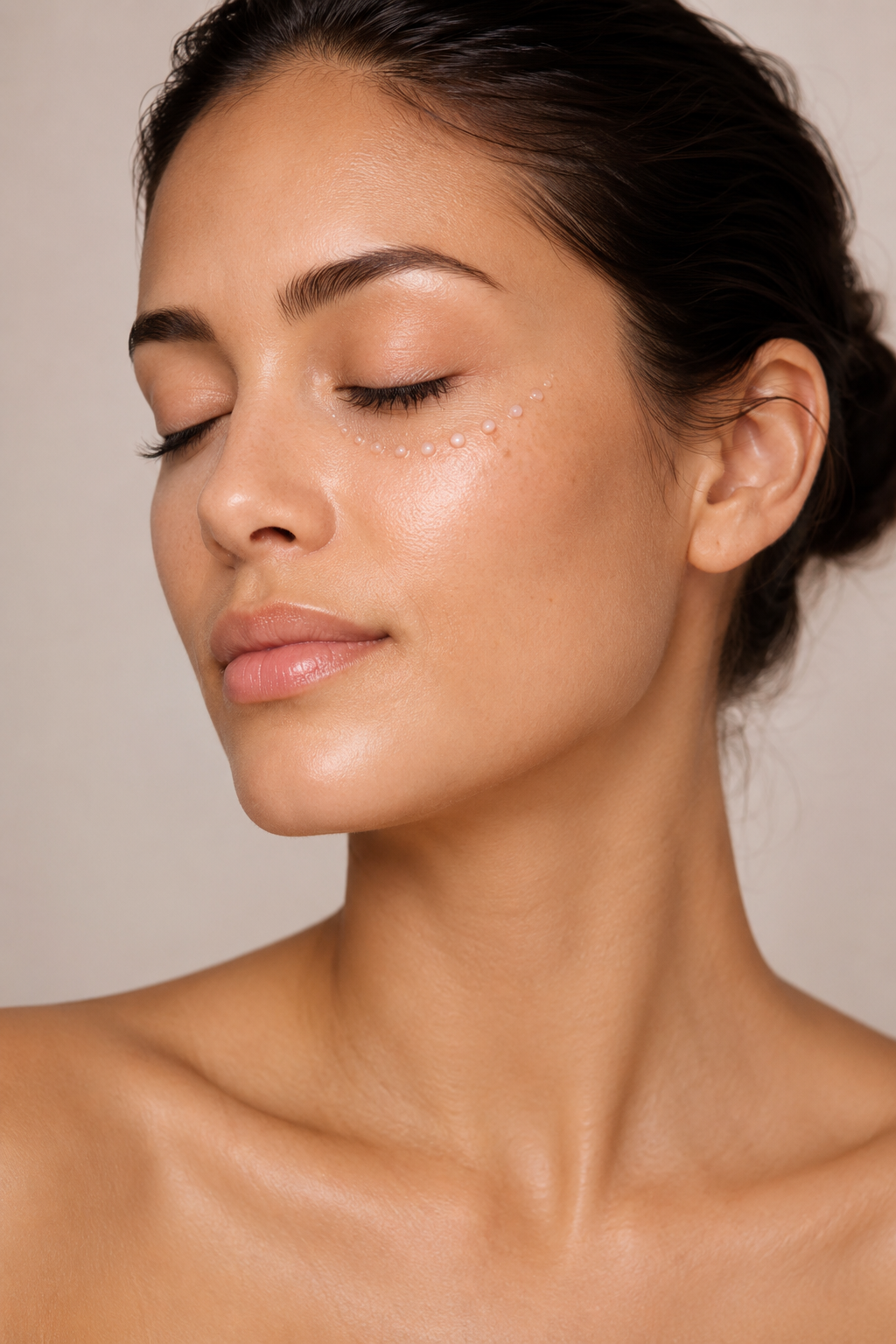 Close-up of a woman with smooth, glowing skin and closed eyes. She has dark hair pulled back and small pearl-like decorations under her eye.