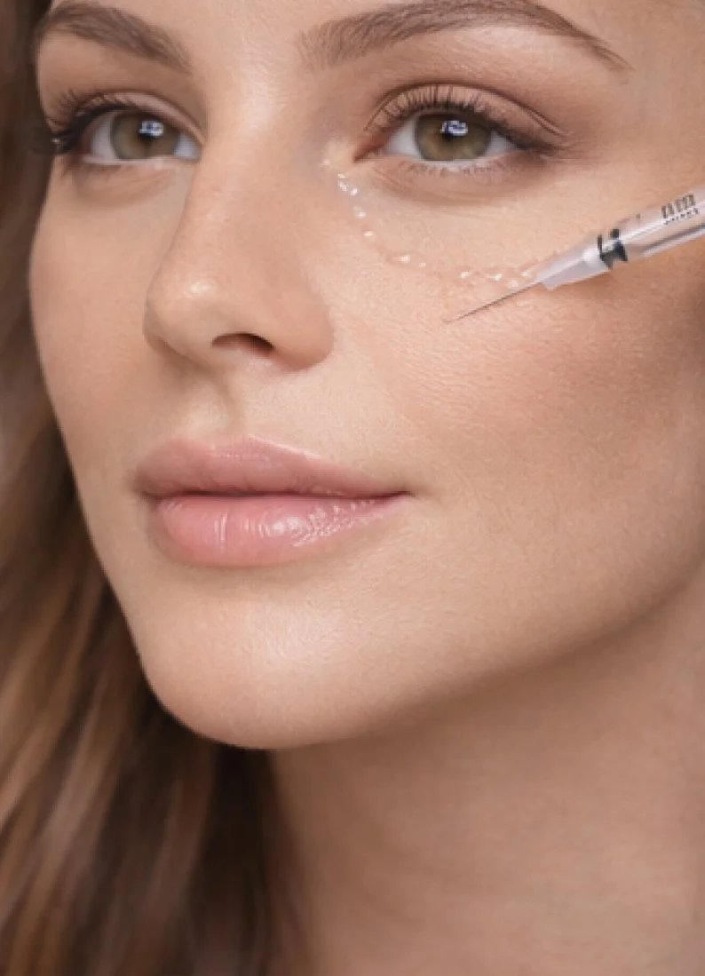 Close-up of a woman receiving a cosmetic injection under her eye.