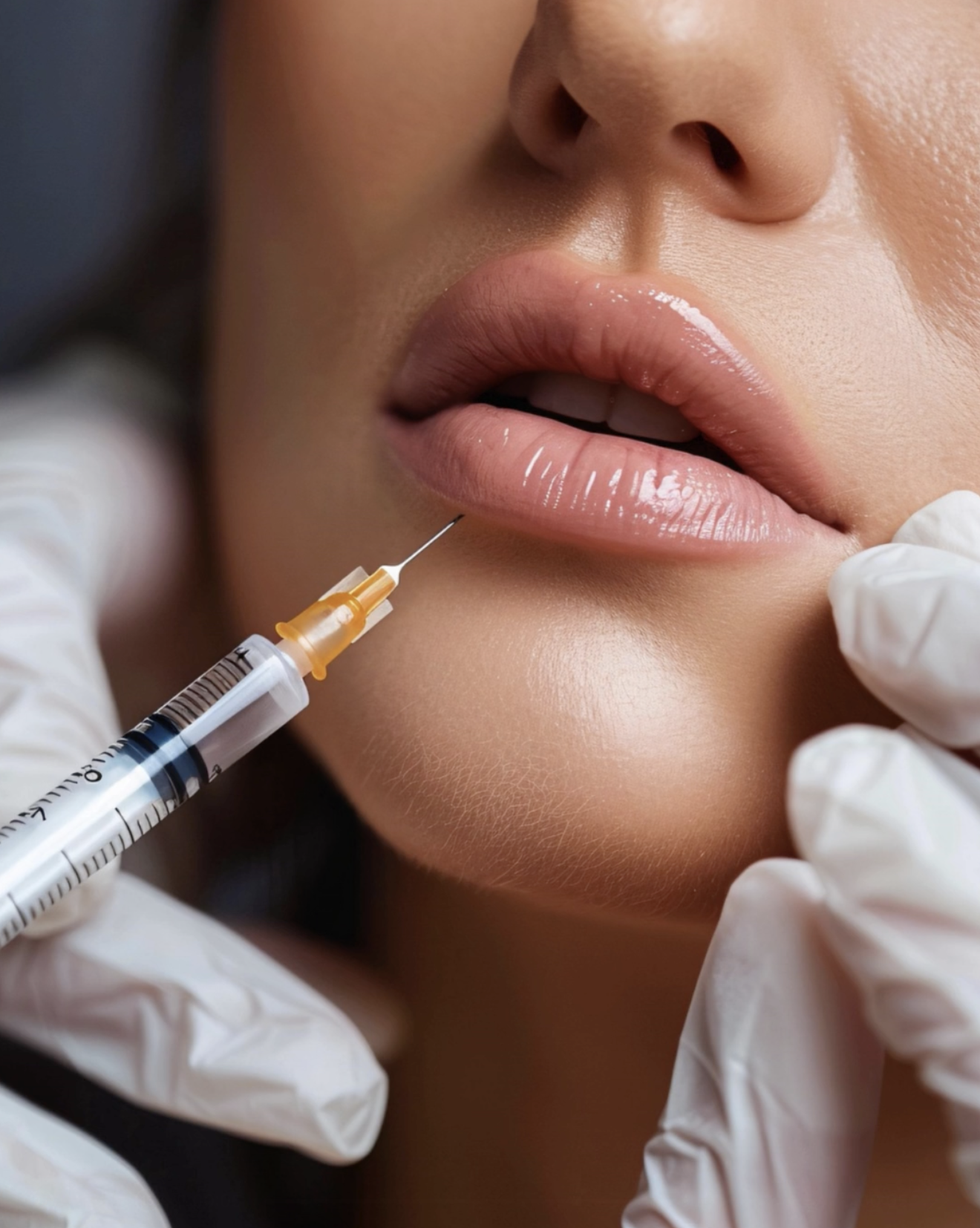 Close-up of a woman receiving a cosmetic facial injection, with a syringe approaching her lips, a person wearing gloves holding her chin, and the woman's face partly visible.