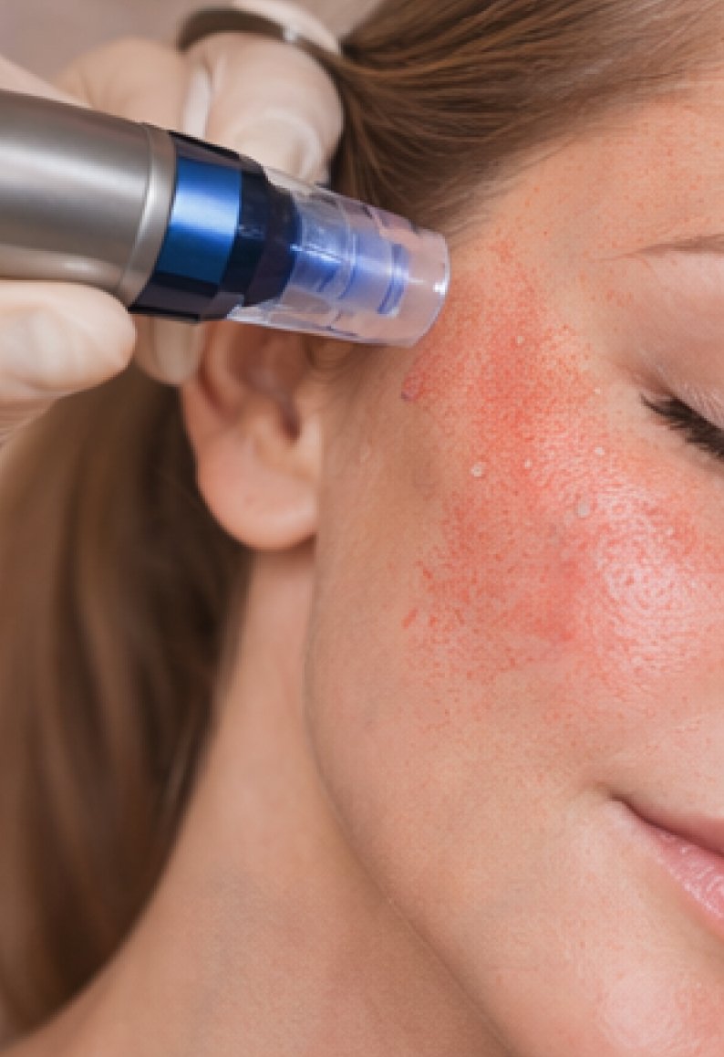 A woman receiving a facial treatment with a device on her face, focusing on her cheek and jaw area, with visible redness and small white spots.