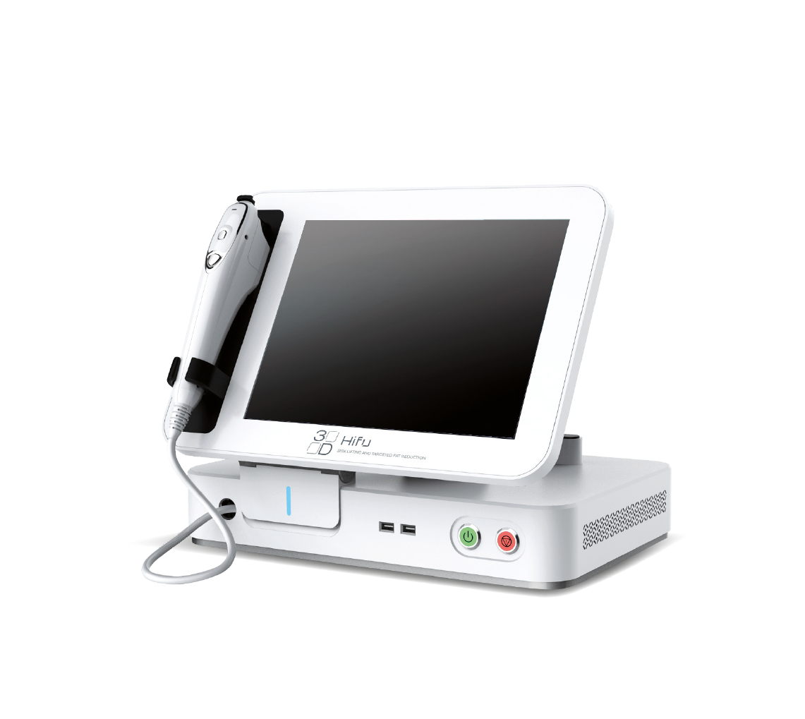 Medical device with a screen, connected to a probe, sitting on a white base with power and control buttons, against a black background.