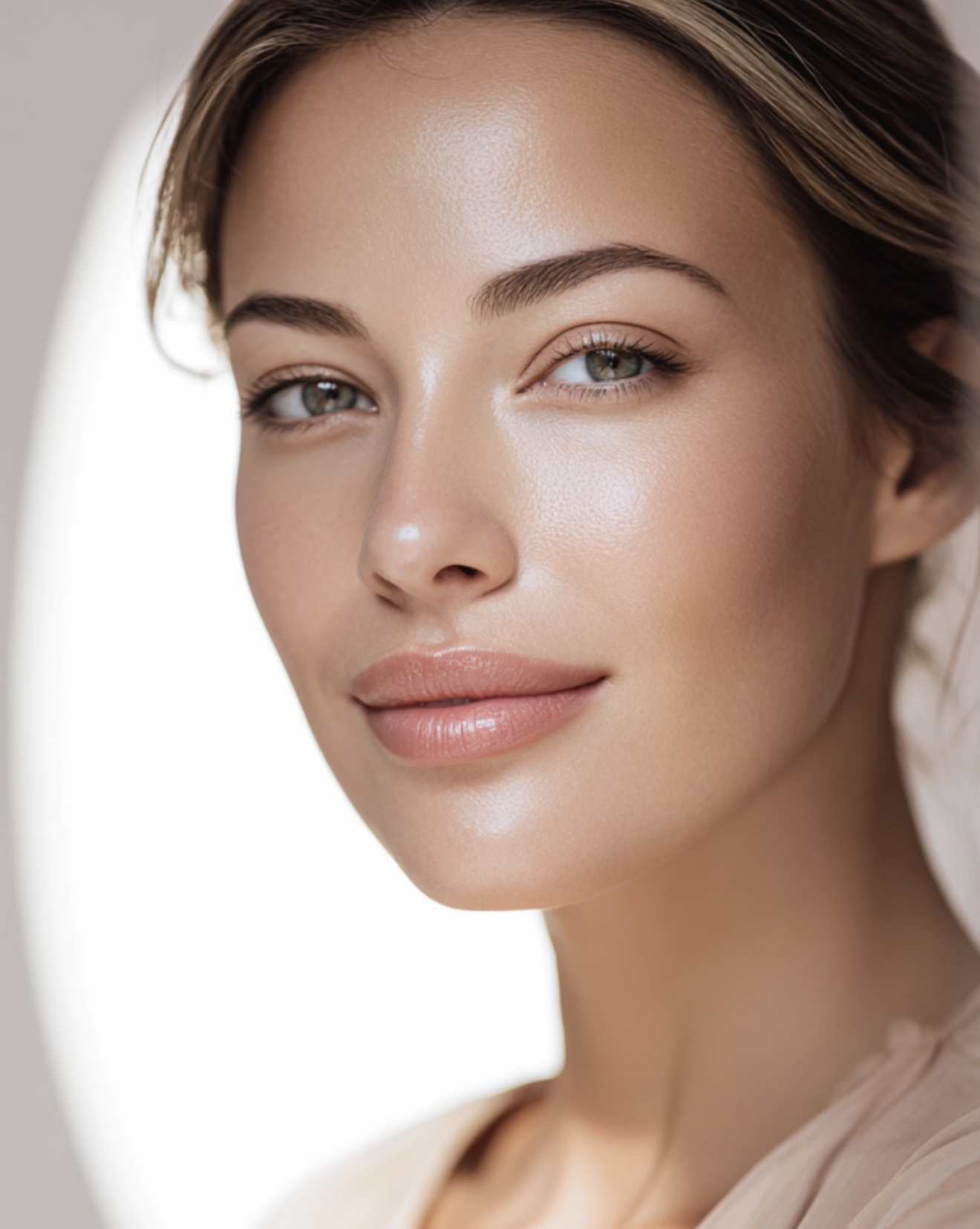 Close-up of a woman with smooth skin, light makeup, and a slight smile, looking at the camera.