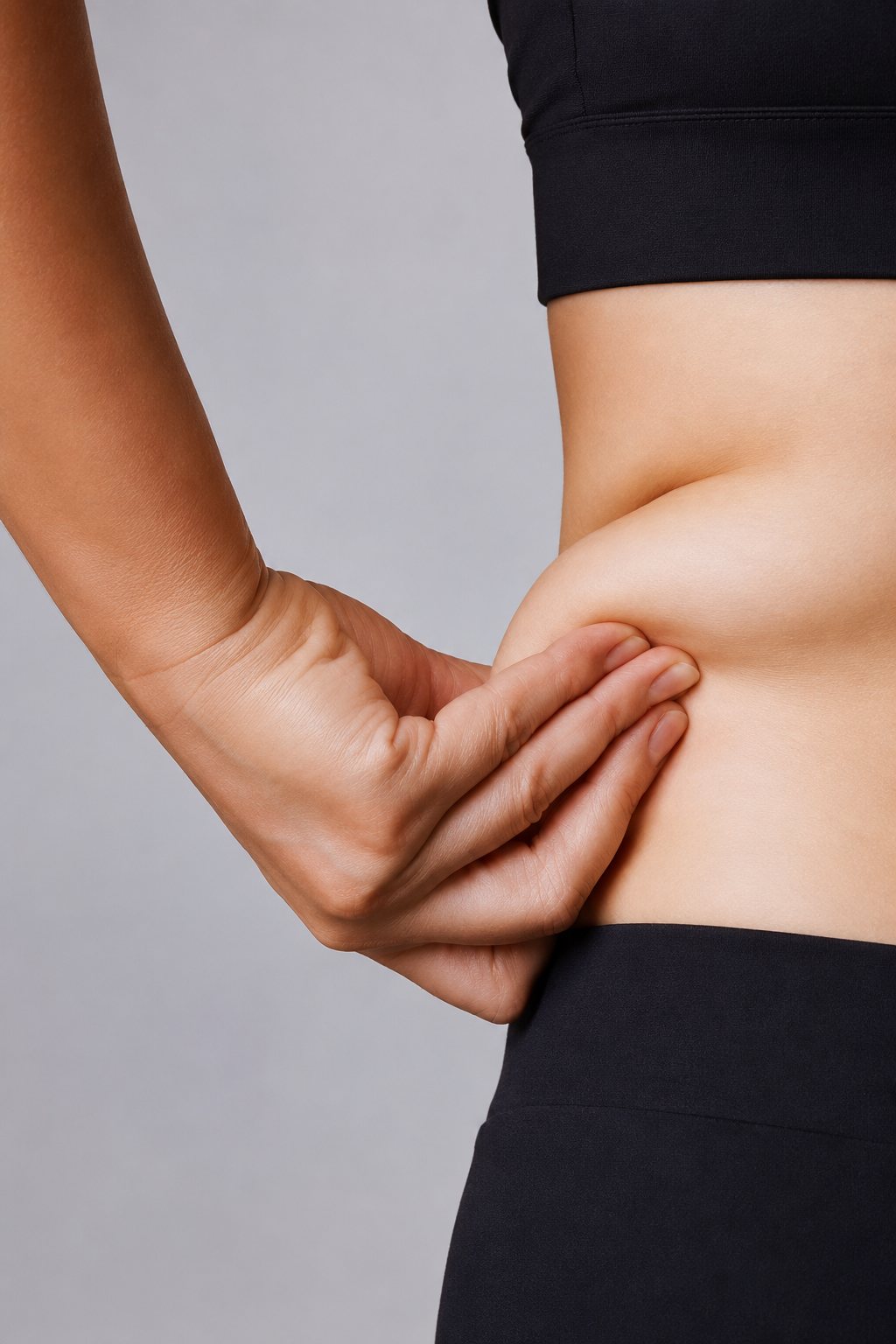 Close-up of a person measuring their waist with their hand, wearing black athletic clothing.