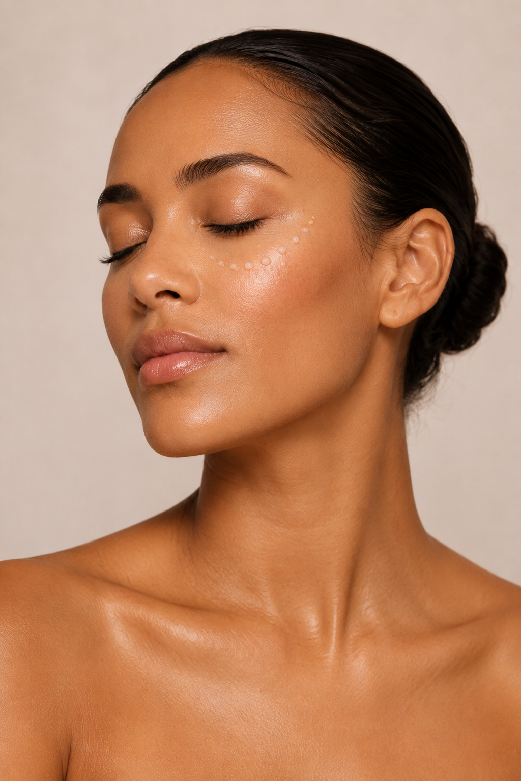 A woman with closed eyes and smooth skin, adorned with small decorative pearls around her eye in a beauty or skincare portrait.