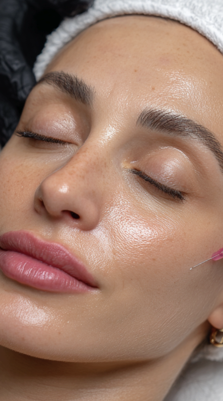 Close-up of a woman with clear, glowing skin, closed eyes, and groomed eyebrows, appearing to be receiving a facial treatment.