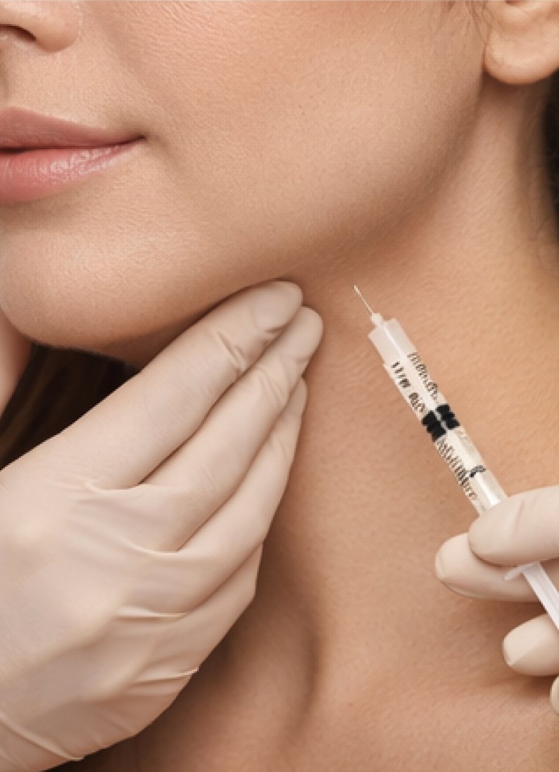 Close-up of a woman receiving a medical injection in her neck area, with a healthcare professional wearing gloves holding a syringe.